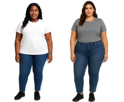 set of plus size models. Two women in casual clothes. Dark-skinned plus size woman. Light-skinned plus size woman. Model agency