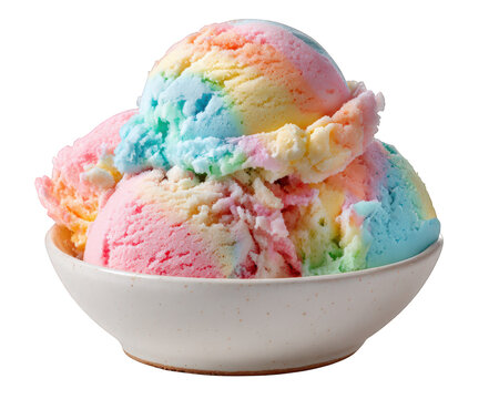 Rainbow sherbet ice cream cup with colorful scoops in white ceramic bowl, creamy texture, sweet dessert, joyful and playful treat for kids and summer parties