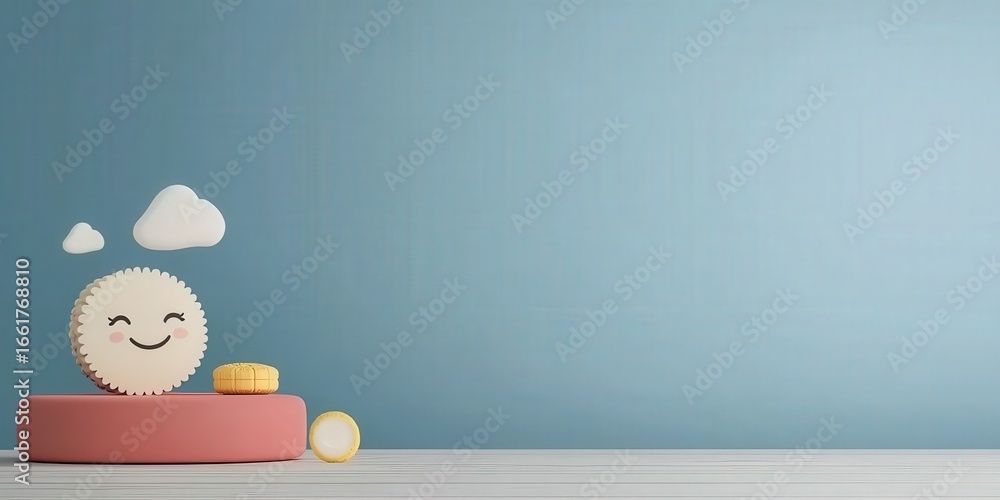 Poster productivity tools workflow minimalist concept. smiling cartoon character on a pastel background wit