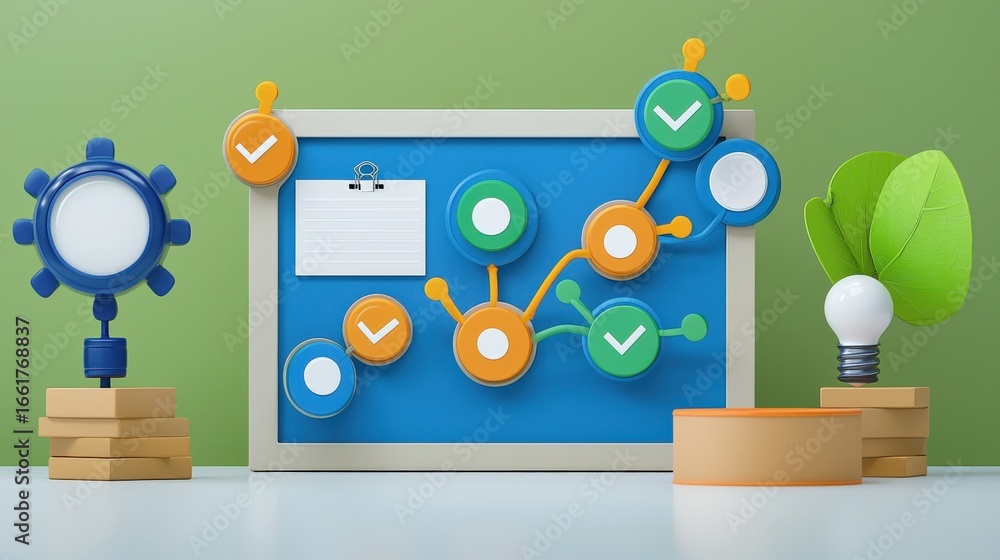 Aufkleber productivity tools workflow minimalist concept. colorful abstract design with checkmarks and lightbu