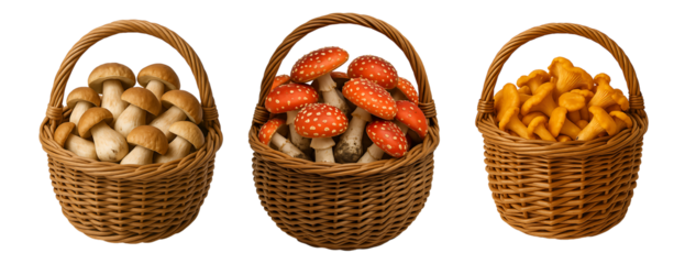 set of three wicker baskets filled with different types of mushrooms. the basket contains porcini mushrooms. the basket is filled with bright fly agarics with red caps. the basket is filled with golde