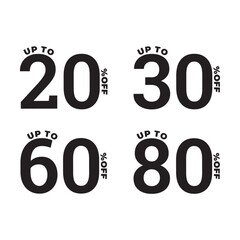 Black color with white background percentage sticker set. vector sign and symbol icon design. 20% 30% 60% 80% off badge logo.  