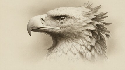 Sepia-toned illustration of an eagle head, detailed feathers, and a sharp gaze