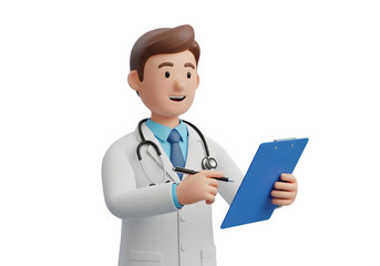 Fototapeta premium Cartoon Doctor Character with Stethoscope and Clipboard Cut Out PNG.