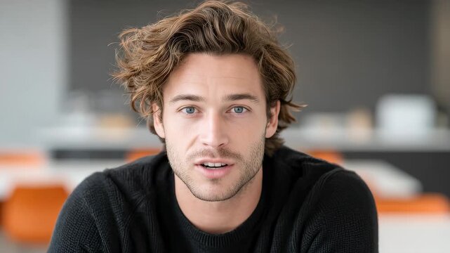 Confident Man Smiles and Looks at the Camera to Communicate