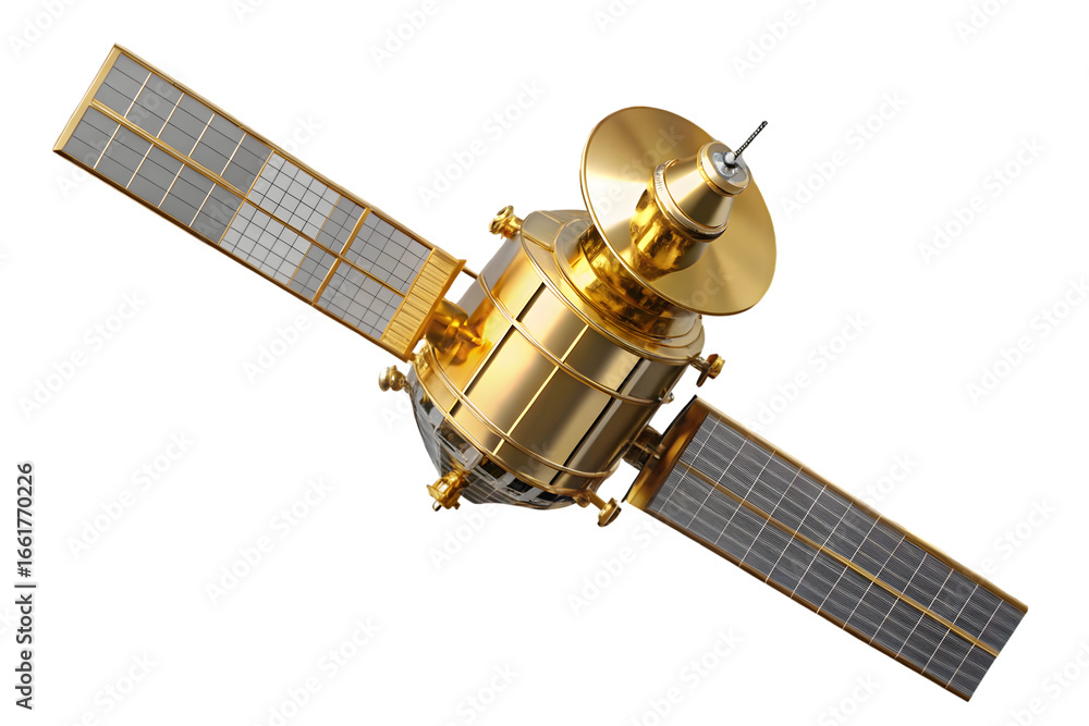 Poster golden satellite 3d rendering isolated on transparent background
