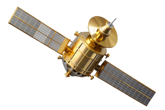 Golden satellite 3d rendering isolated on transparent background