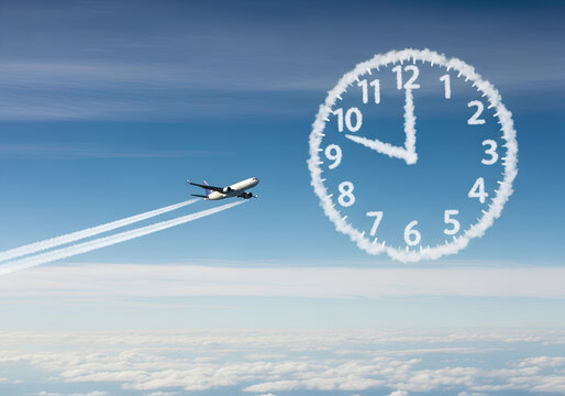 Time Flies, Travel Time Concept with Airplane and Cloud Clock in Sky. Flying on Time, flight schedule and jet lag concept with aircraft. On time travel, airplane flying by a cloud clock.