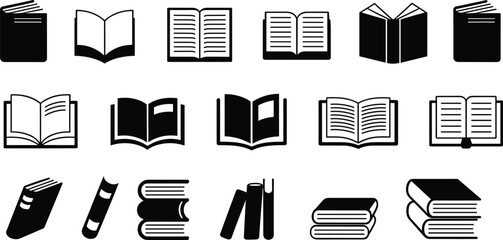 Book icon collection, open and closed books illustrations, reading and education symbols, library knowledge graphic pack, literature design set