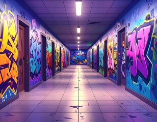 Colorful graffiti-covered hallway