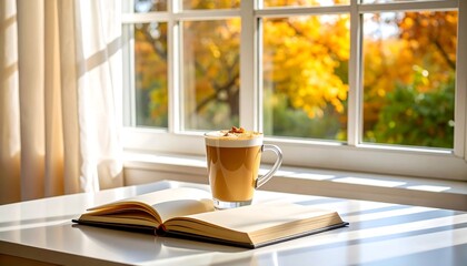 Enjoying Autumn Latte Reading Open Book Near Window