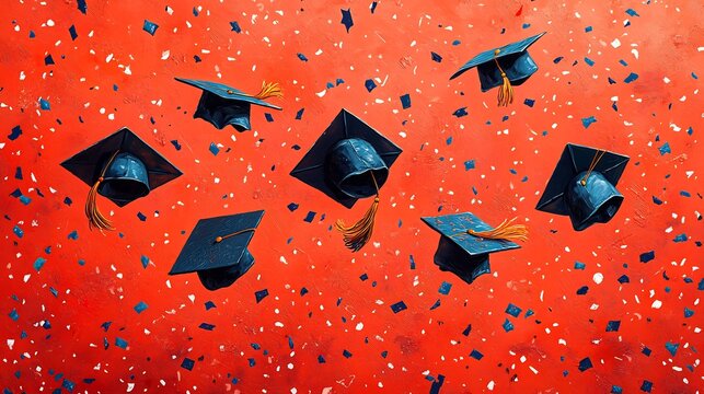 Graduation celebration card featuring graduation caps tossed in the air surrounded by diplomas confetti and proud smiles