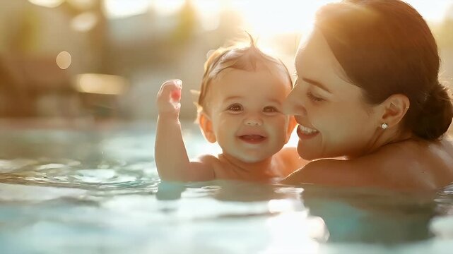 A closeup of a woman and a child in a swimming pool during the golden hour. The womans face is partially visible, with her eyes closed and a gentle smile on her lips.