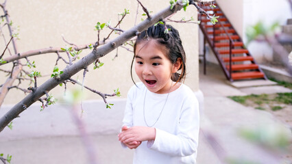 A cheerful little girl looks with delight and joy at how the leaves grow on the trees. A young Asian child is smiling and enjoying what is happening