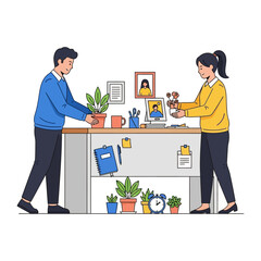 Cultivating Serenity: Two individuals, meticulously arranging potted plants and flowers on a desk, fostering a refreshing ambiance in their work environment.