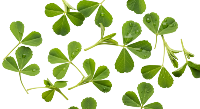Fresh green clover leaves with water drops isolated on transparent background, symbolizing luck, nature, and healthy lifestyle, perfect for spring and st patricks day designs