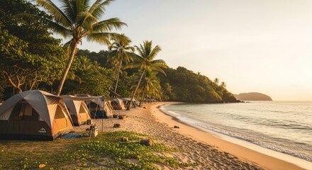 Fototapeta premium Tents on a sandy beach, palm trees, and calm waters at sunset in a tropical paradise