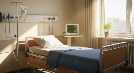 Hospital room scene featuring a bed, IV bag, and medical monitor near a bright window