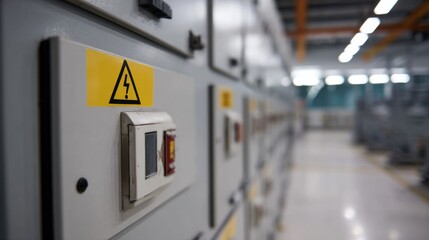 High voltage warning sign on electrical switchgear cabinet in corridor, showcasing safety measures in industrial setting. environment emphasizes importance of electrical safety