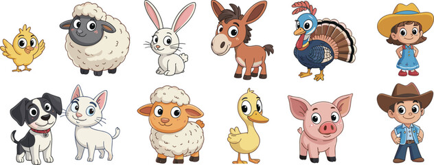 Set of cartoon farm animals including dog, sheep, pig, chicken, rabbit, turkey, and cowboy character, cute vector illustrations for children and education © Hasem Creative