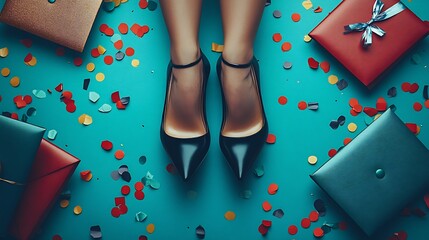 Graduation celebration setup with sleek black heels diplomas graduation caps and confetti capturing the excitement of a milestone moment