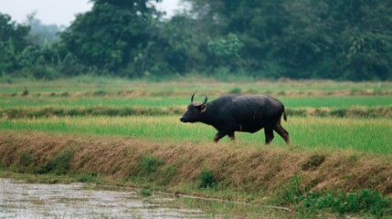 Obraz premium Water buffalo walks along rice paddy levee, surrounded by lush green fields and serene landscape. scene captures tranquility of rural life and connection between agriculture and nature