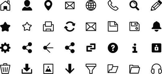 Essential web and app icon set, user interface symbols collection for UX/UI design, communication, download, settings, and file management