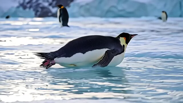 Emperor Penguin Tobogganing in a Dynamic Close-Up Across the Frozen Antarctic Ice
