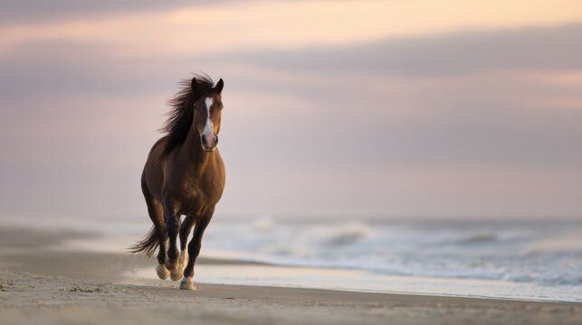 Wild horse canters gracefully along empty beach, its mane flowing in wind against backdrop of soft pastel skies. scene evokes sense of freedom and tranquility