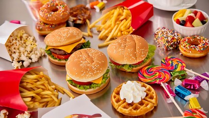 Fototapeta premium A colorful assortment of fast food and sweets including burgers fries donuts and lollipops