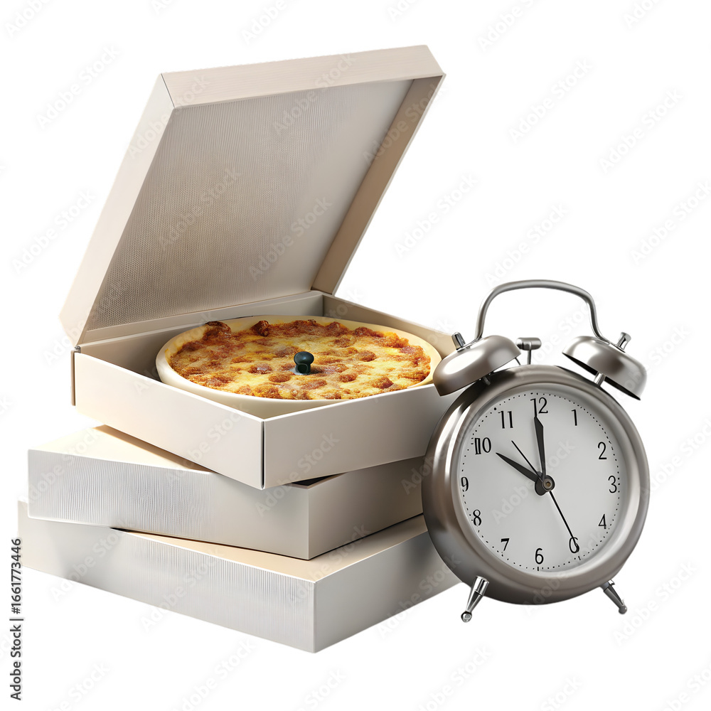 Aufkleber pizza boxes with alarm clock 3d rendering isolated on transparent background