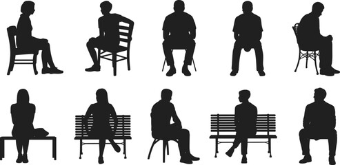 Silhouette set of people sitting on chairs and benches, vector illustration for design, public space, park, waiting area, architecture, signage, urban planning, infographics