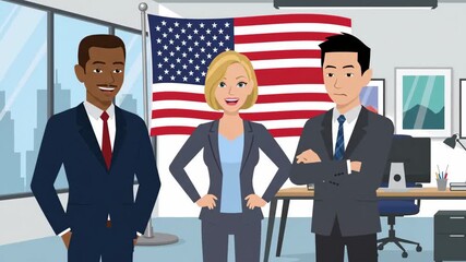 Confident Business Team in Office with USA Flag - A vector cartoon of a diverse business team confidently posing in an office setting. - Powered by Adobe