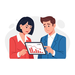 Disheartened Glance at Declining Results: Two professionals share a moment of concern, focused on a digital display that visualizes a concerning downward trend, revealing the impact of challenges. 