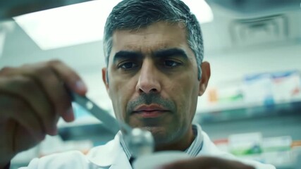 Pharmacist prepares medication with precision in a well-lit pharmacy setting