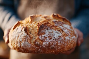 Freshly baked round loaf of bread held by hands, showcasing golden crust and flour dusting, with warm kitchen ambiance creating a cozy atmosphere for culinary delight