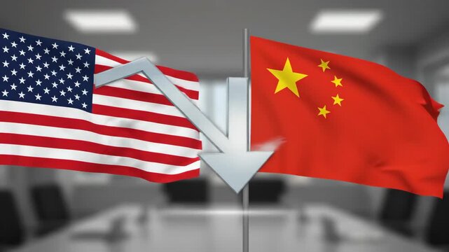 US-China Trade Conflict Illustration - The video depicts the conflict between the United States and China through their respective flags, with a downward-pointing arrow symbolizing economic tension