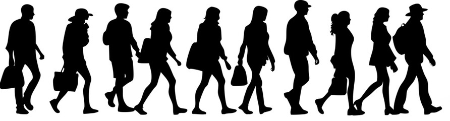 People walking in a line with reflections on the floor in black silhouette