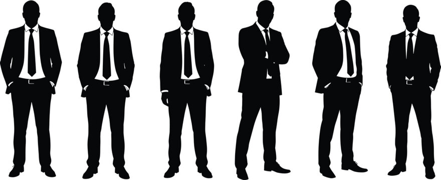Silhouette group of businessmen in suits, standing professional male figures, corporate executive posture, confident leadership, business success, office style