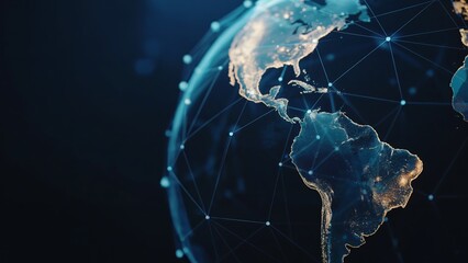 A glowing digital representation of earth, showcasing a complex network of connections and data points symbolizing global connectivity and technology