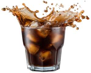 Glass soda splash ice drink beverage refreshment cold brown liquid create dynamic splash with ice cubes capturing refreshing and energetic moment in clear glass