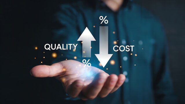A persons hand holds a glowing projection showing an upward arrow for quality and a downward arrow for cost, illustrating business strategy and optimization