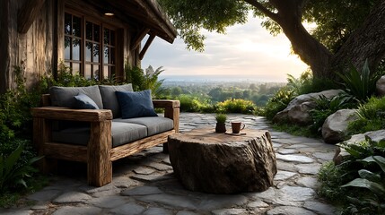 Fototapeta premium A realistic high-definition photo of a garden patio with lounge chairs and coffee table.