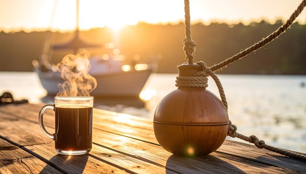 Enjoying Coffee on a Wooden Pier at Sunrise Near Water