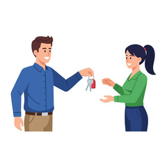 Keys Exchange: A man hands over a set of keys to a woman, a moment symbolizing new beginnings, ownership, or a significant transfer.