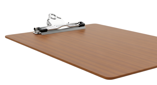 Closeup of a brown wooden clipboard with a metal clip, perfect for office use, isolated on transparent background