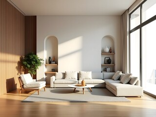 Fototapeta premium Modern living room with plush sectional sofa sunlight streaming through large window