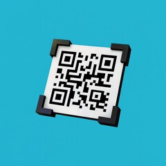 A 3d rendered qr code with black corner markers on a bright blue background, representing digital data and technology