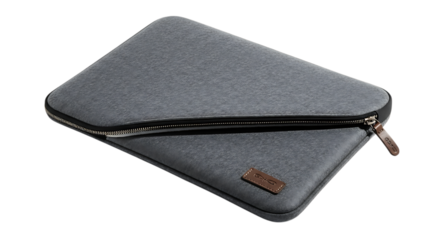 Stylish gray laptop sleeve isolated on transparent background, providing secure protection with a modern design and convenient zipper closure for easy portability and professional use
