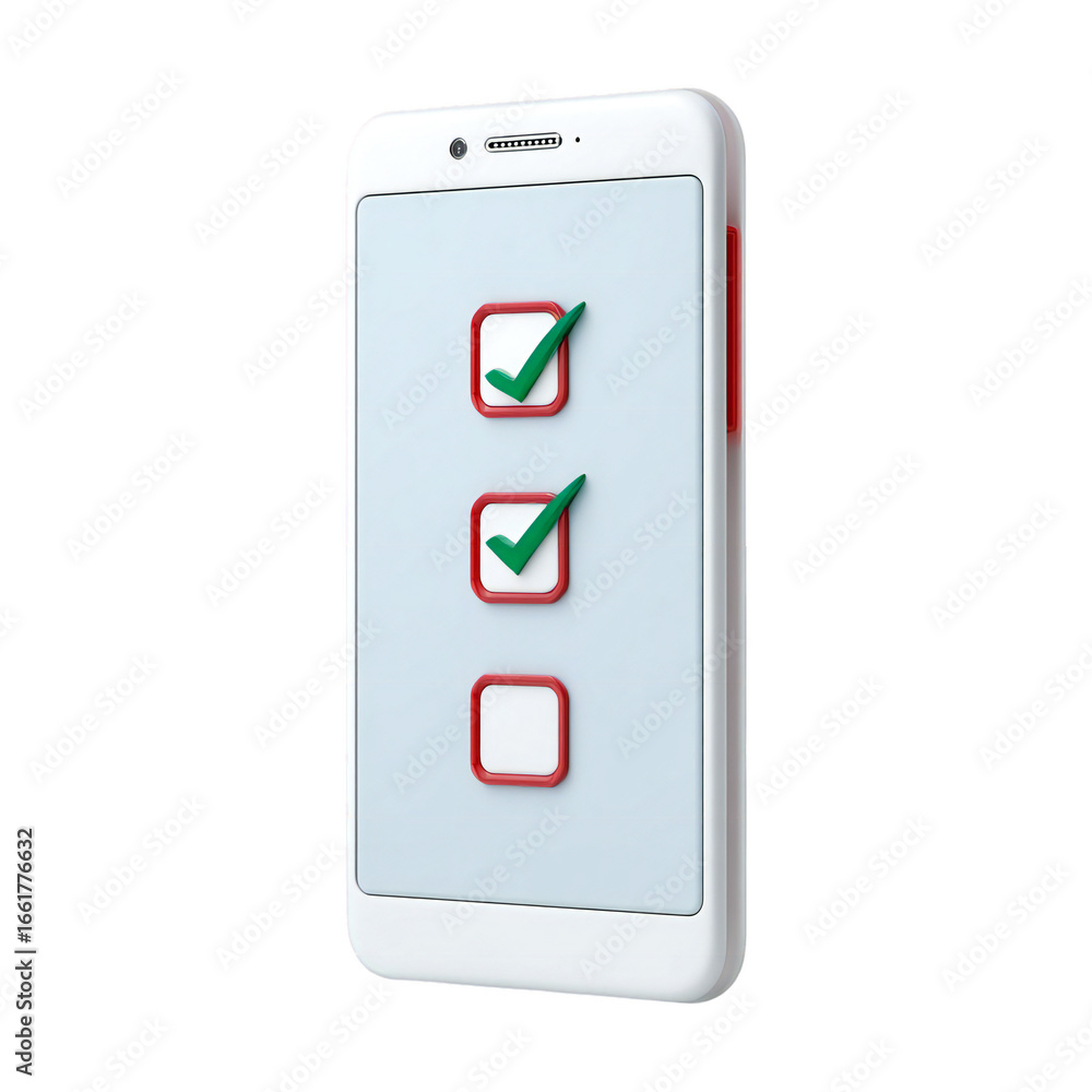 Poster smartphone with a checklist on its screen, showing two completed tasks and one pending, isolated on 